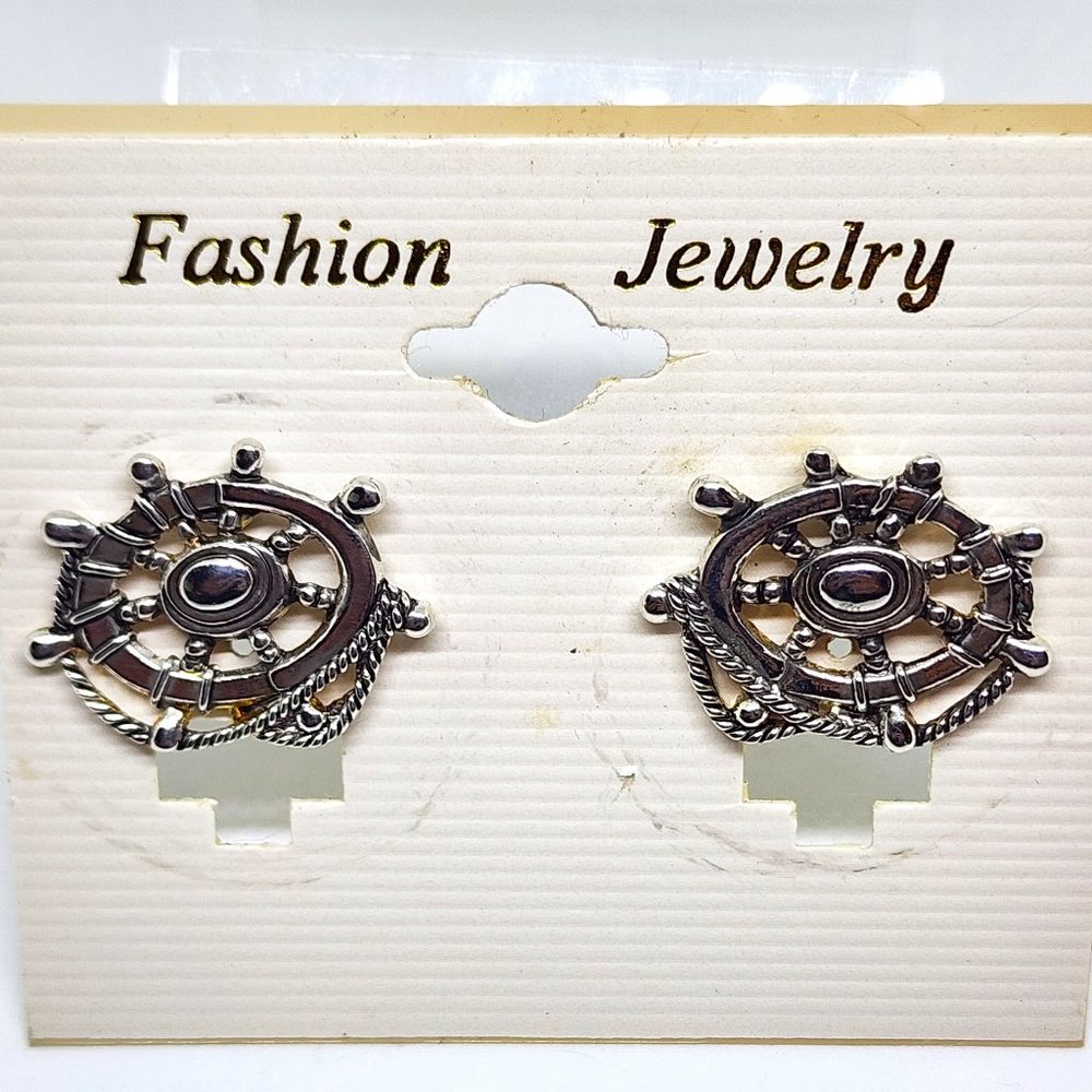 Vintage "MJ" Marie Jennifer Nautical Ship Wheel Rope Silver Pierced Earrings NOS
